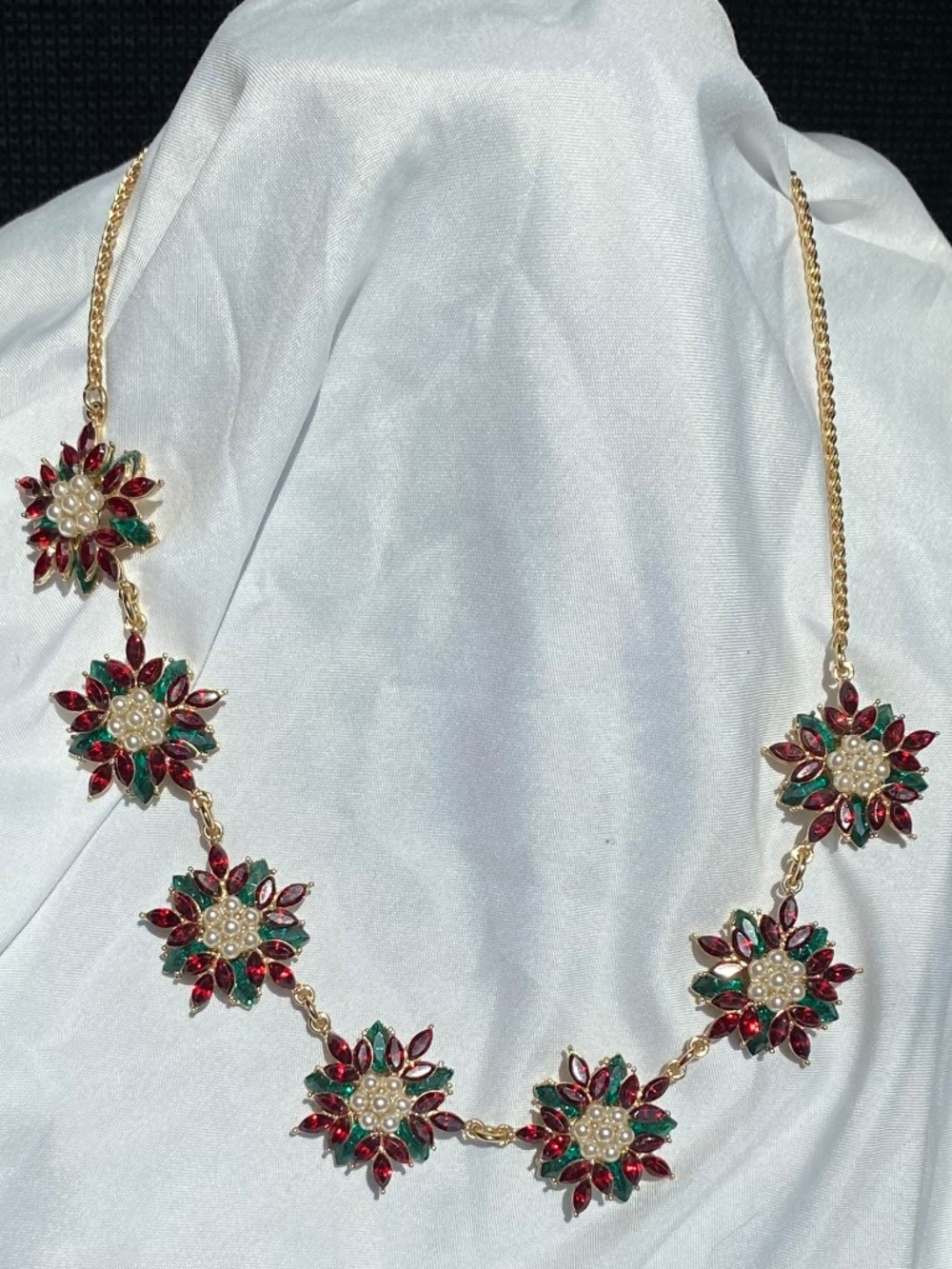 Charter Club Poinsettia Floral Statement Necklace – Deep Red, Green, and Pearl